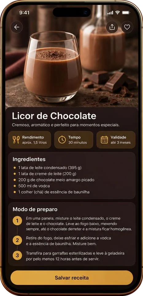 Tela do app: Licor de Chocolate