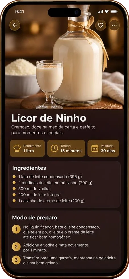 Tela do app: Licor de Ninho